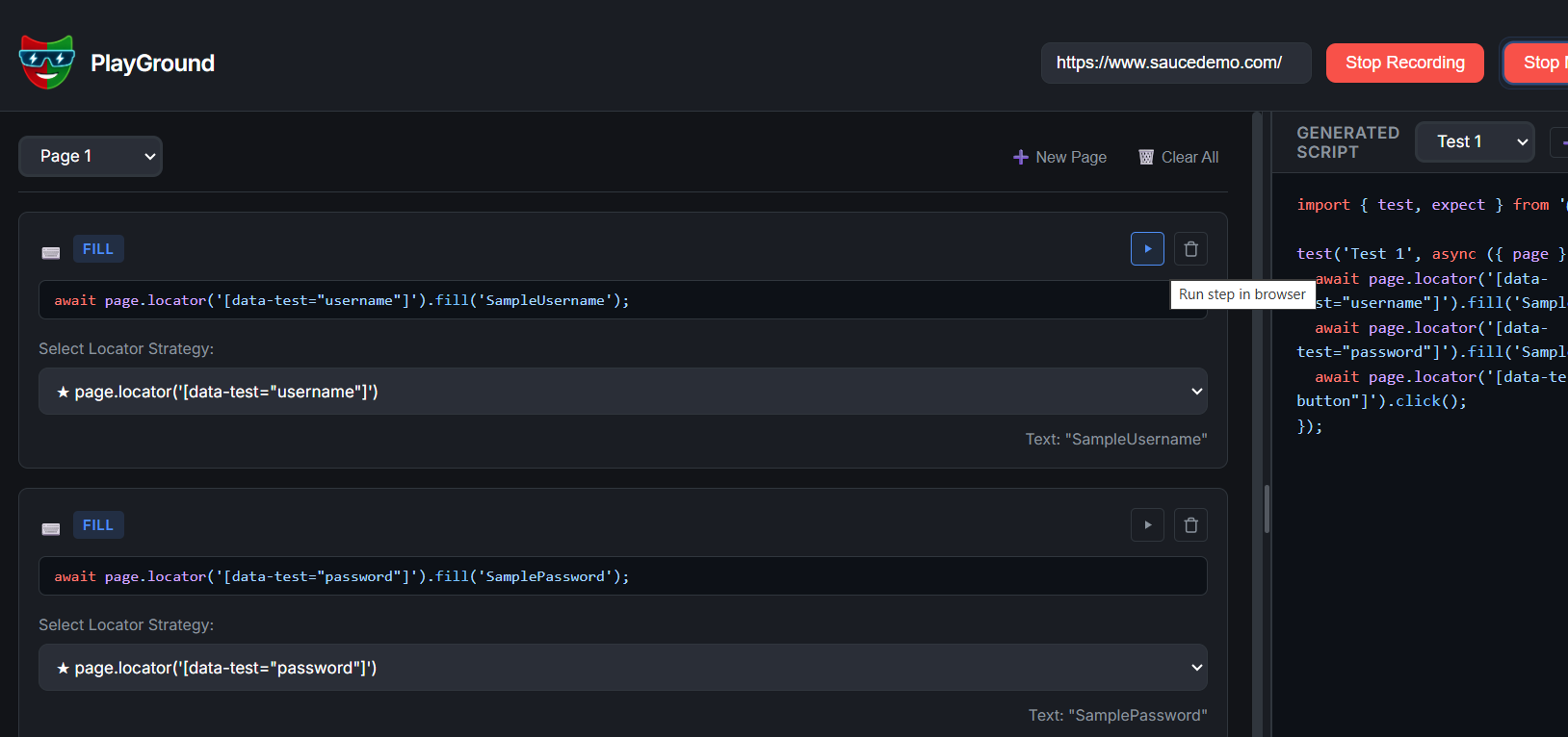 Run step in browser screenshot