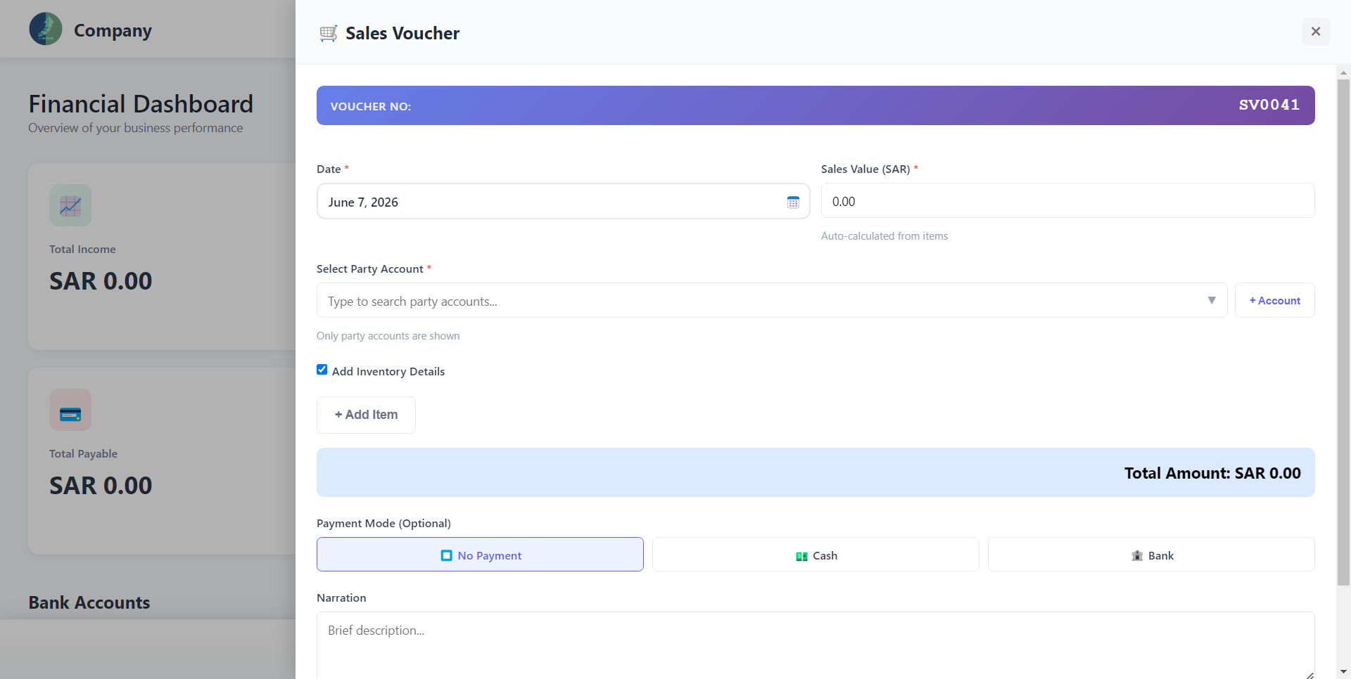 Saudi Cashbook Sales Voucher Billing Dialog