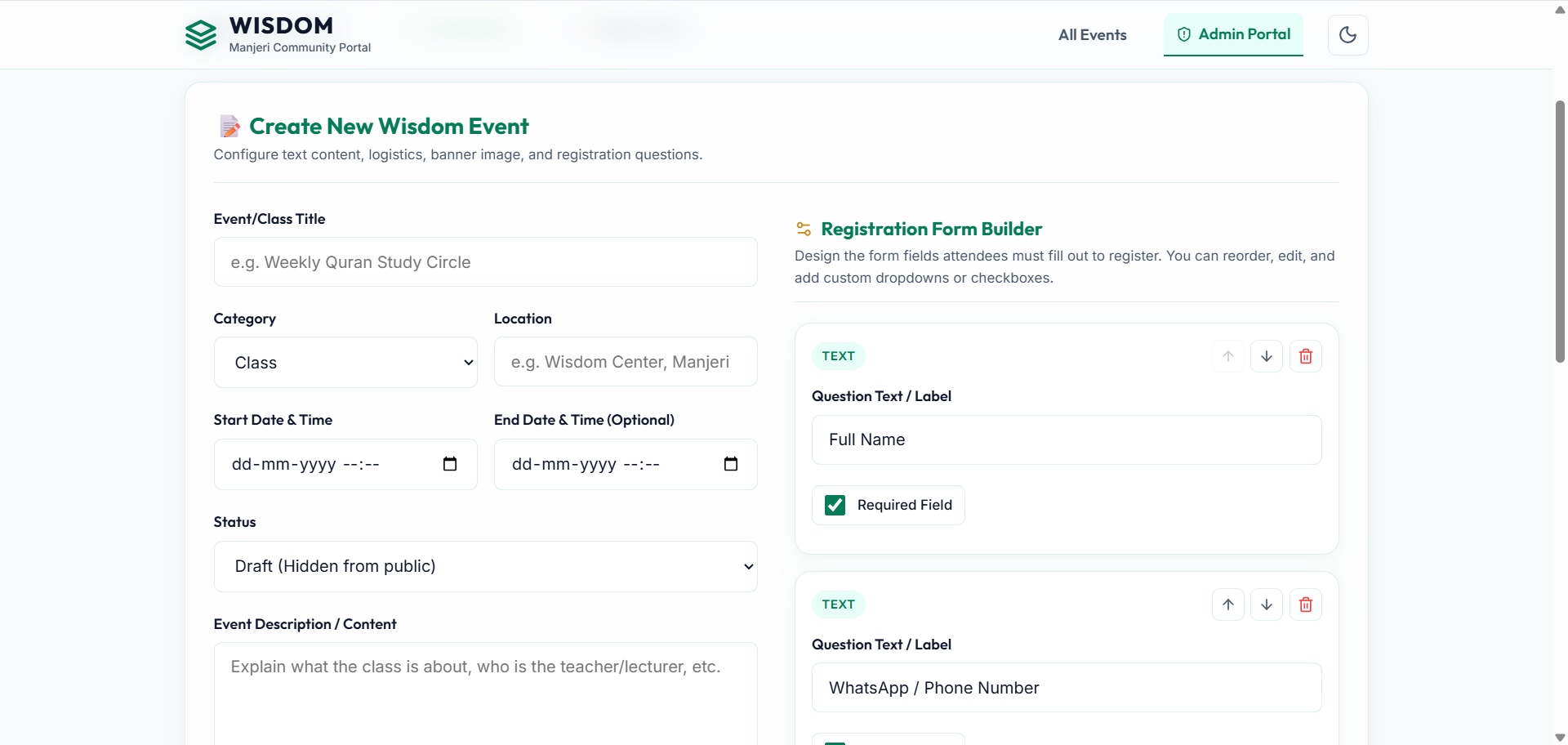 Wisdom Registration Form Builder UI